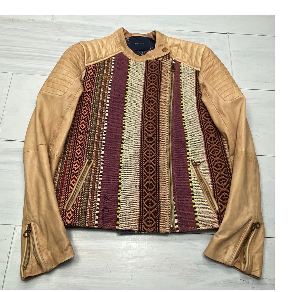 Scotch & Soda Sheep Leather Moto Jacket Woven Aztec Women S Boho Chic Southwest